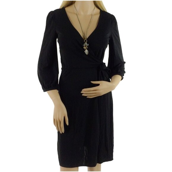 Vintage 90s Ann Taylor Black 3/4 Sleeve V-Neck Wrap Office Siren Corpcore Dress - Picture 2 of 10